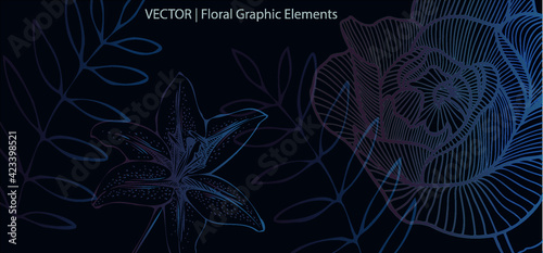 A vector design of hand drawn flowers.  Graphic floral elements to reuse.