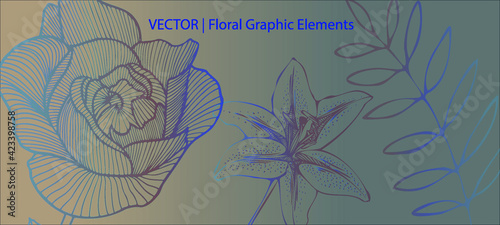 A vector design of hand drawn floral elements on a metallic silver background