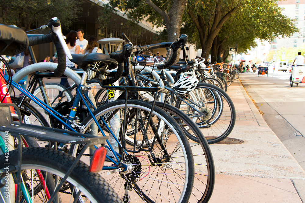 Parked bicycles during South by Southwest in Austin, Texas