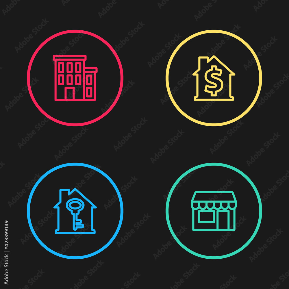Set line House with key, Market store, dollar symbol and icon. Vector Set line House with key, Market store, dollar symbol and icon. Vector