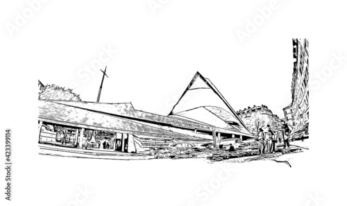 Building view with landmark of Rouen is the 
city in France. Hand drawn sketch illustration in vector.
