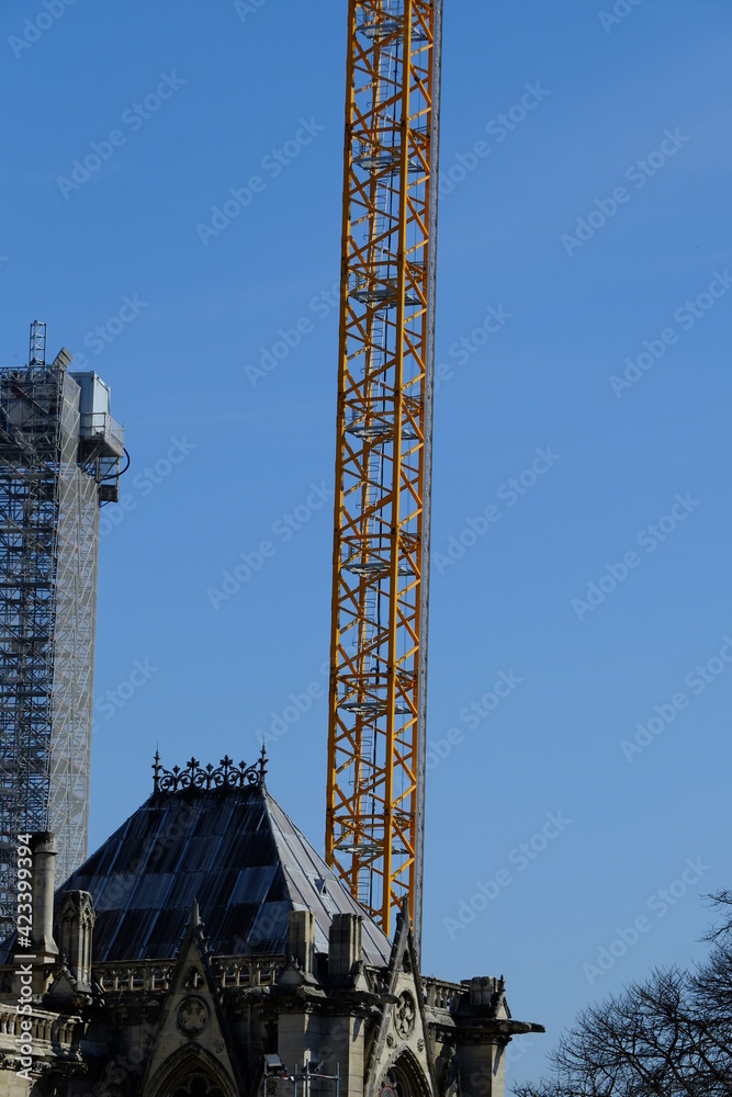 The yellow crane located in Paris center in order to rebuild the roof of Notre Dame. Paris, the 23 march 2021.