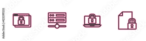 Set line Secure your site with HTTPS, SSL, Laptop and lock, Server, Data, Web Hosting and Document icon. Vector