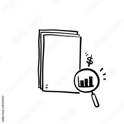hand drawn doodle document and magnifying glass symbol for analytic research icon