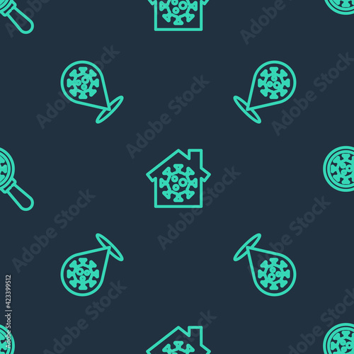 Set line Stay home, Corona virus 2019-nCoV on location and Virus under magnifying glass on seamless pattern. Vector