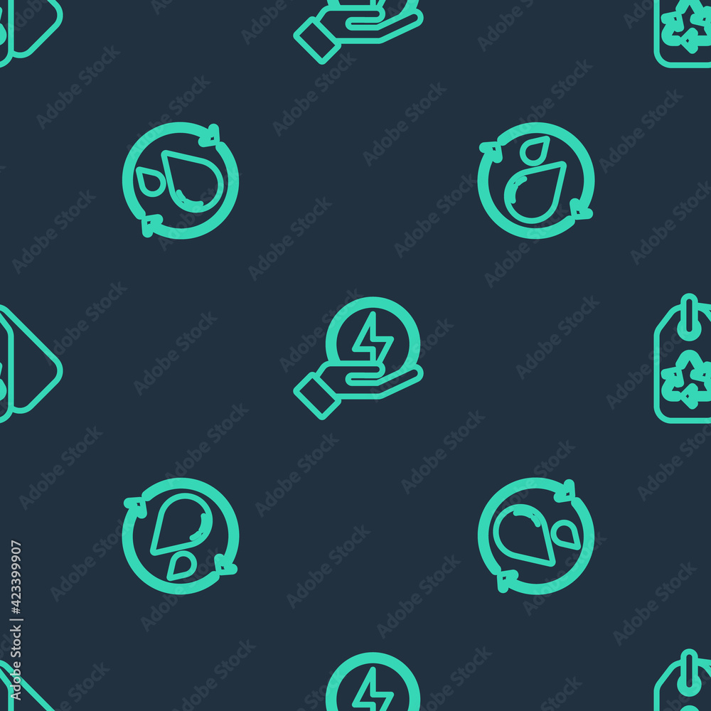 Set line Lightning bolt, Recycle clean aqua and Tag with recycle on seamless pattern. Vector
