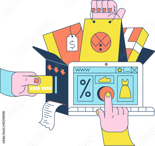 E-commerce. Online shopping, sales. Shopping bags, credit card, laptop. Modern flat style vector illustration for banners, websites, apps