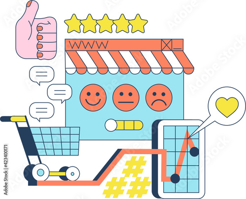 E-commerce. Online shopping, sales. Elements set Cart, smartphone device, like sign. Modern flat style  illustration for banners, websites, apps