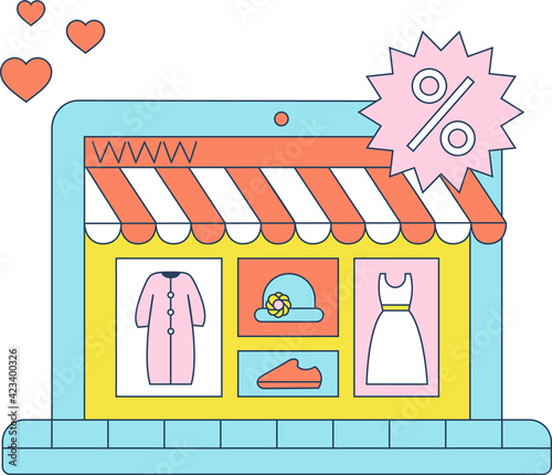 Set of E-commerce elements. Online shopping, sales. Clothesing, shoe, dress in laptop. Modern flat style vector illustration for banners, websites, apps