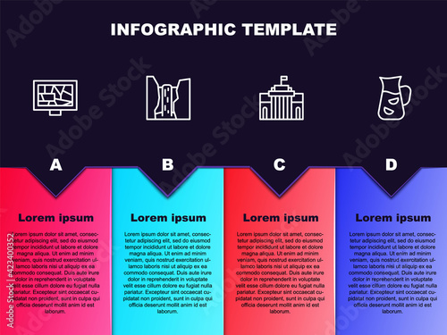 Set line Picture art, Algar waterfall, Prado museum and Sangria. Business infographic template. Vector