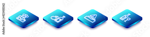 Set Isometric line Bullfight, matador, Apple cider bottle, Yacht sailboat and Wine with glass icon. Vector