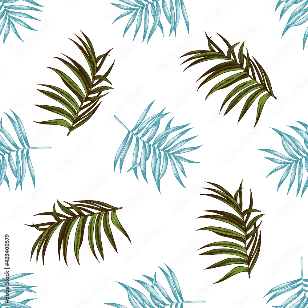 Seamless pattern with hand drawn pastel tropical palm leaves
