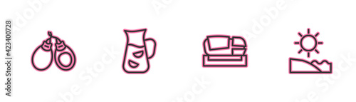 Set line Castanets, Stadium Mestalla, Sangria and Beach icon. Vector