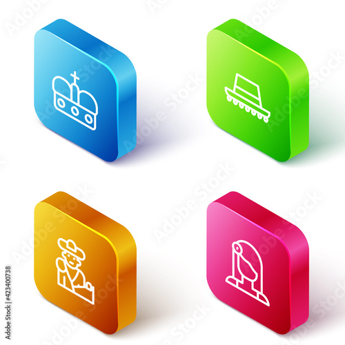 Set Isometric line Crown of spain, Spanish hat, Bullfight, matador and woman icon. Vector