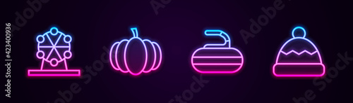Set line Ferris wheel, Pumpkin, Stone for curling and Beanie hat. Glowing neon icon. Vector
