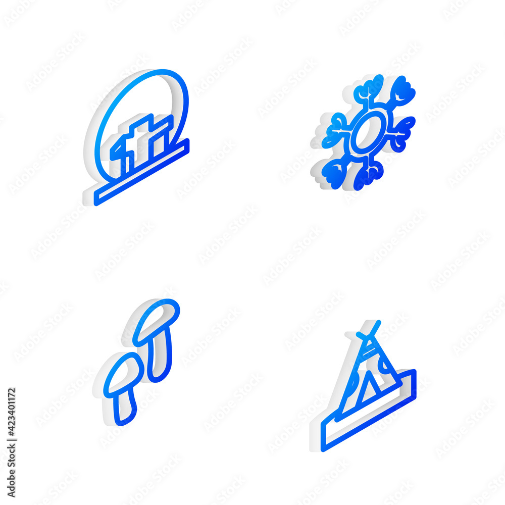 Set Isometric line Snowflake, Montreal Biosphere, Mushroom and Indian teepee or wigwam icon. Vector