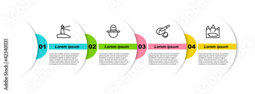 Set line Lighthouse, Canadian ranger hat, Peameal bacon and lake. Business infographic template. Vector