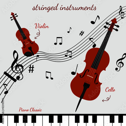 vector string instruments violin piano cello with musical notation melody illustration