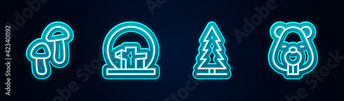 Set line Mushroom, Montreal Biosphere, Canadian spruce and Beaver animal. Glowing neon icon. Vector