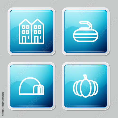 Set line House, Stone for curling, Igloo ice house and Pumpkin icon. Vector