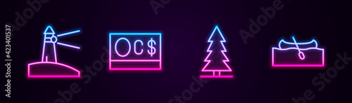 Set line Lighthouse, Canadian dollar, spruce and Kayak or canoe. Glowing neon icon. Vector