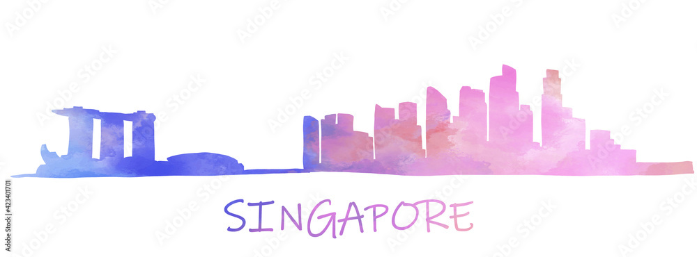 Singapore cityscape skyline colorful watercolor style illustration.