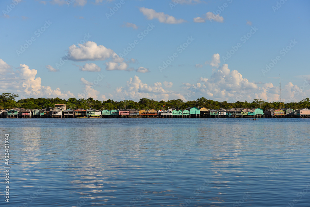 The stilt village of Buena Vista, Bolivia, seen from the town of Costa Marques, Rondonia, Brazil across the Guaporé - Itenez river.