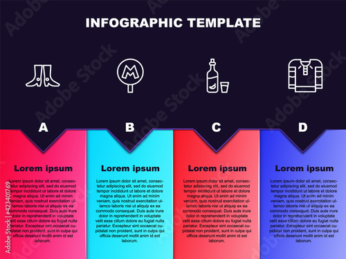 Set line Ukrainian footwear, Metro or Underground, Vodka with pepper and glass and Embroidered shirt. Business infographic template. Vector