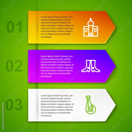 Set line Church building, Ukrainian footwear and Bandura. Business infographic template. Vector