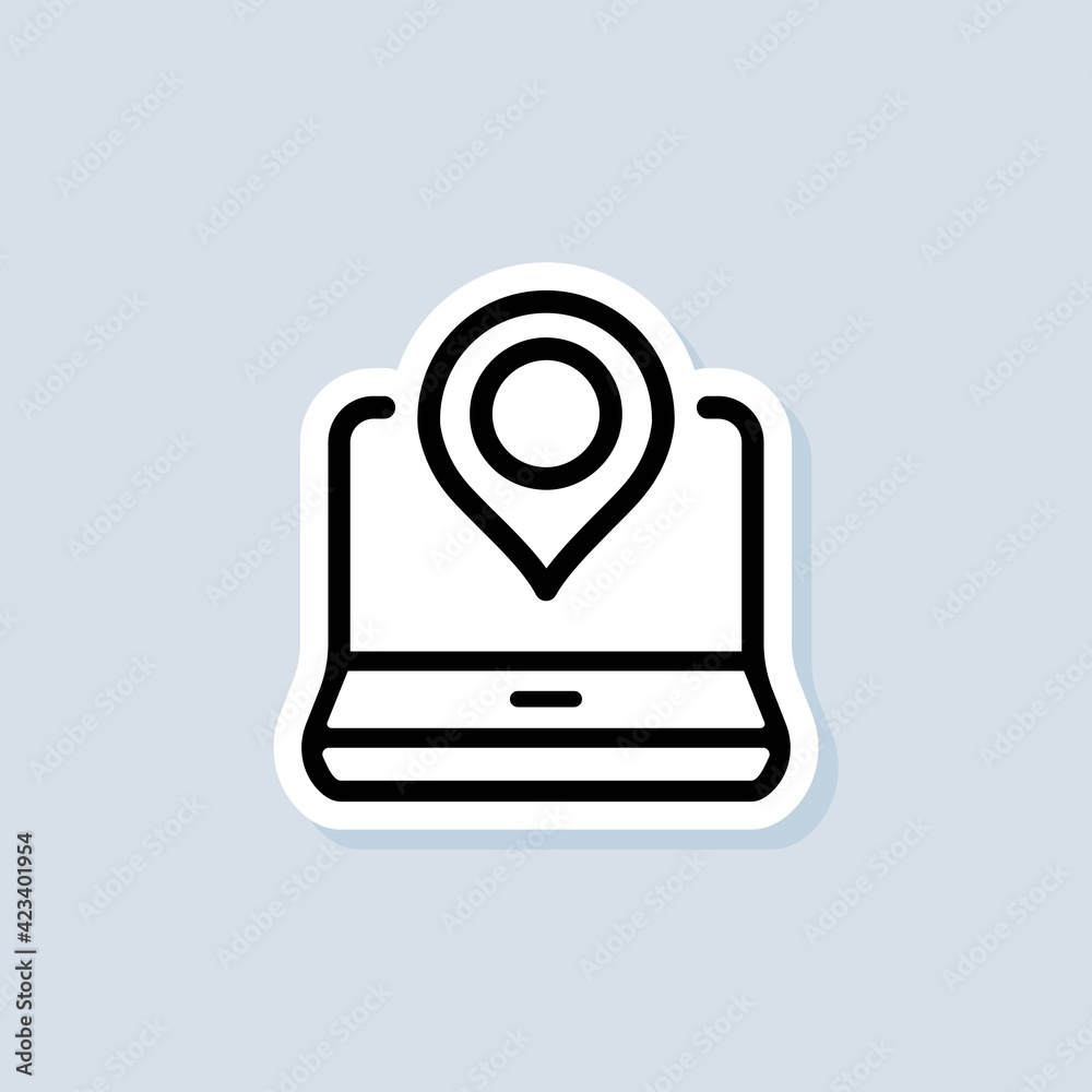 Location sticker. Pointer icon on laptop. GPS location. Map pin icons. Vector on isolated background. EPS 10 Location sticker. Pointer icon on laptop. GPS location. Map pin icons. Vector on isolated background. EPS 10