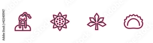 Set line Ukrainian cossack, Chestnut leaf, Sunflower and Dumplings icon. Vector