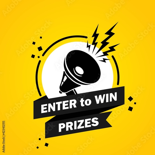 Megaphone with Enter to win prizes speech bubble banner. Loudspeaker. Label for business, marketing and advertising. Vector on isolated background. EPS 10