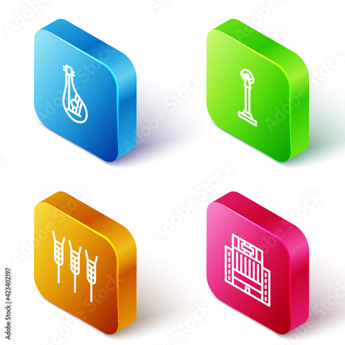 Set Isometric line Bandura, Monument of Independence, Wheat and Hotel Ukraina building icon. Vector