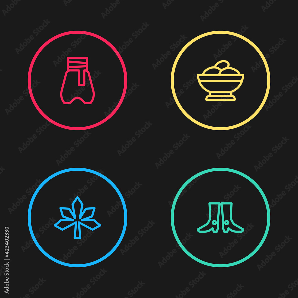 Set line Chestnut leaf, Ukrainian footwear, Varenyky bowl and Cossack pants icon. Vector Set line Chestnut leaf, Ukrainian footwear, Varenyky bowl and Cossack pants icon. Vector