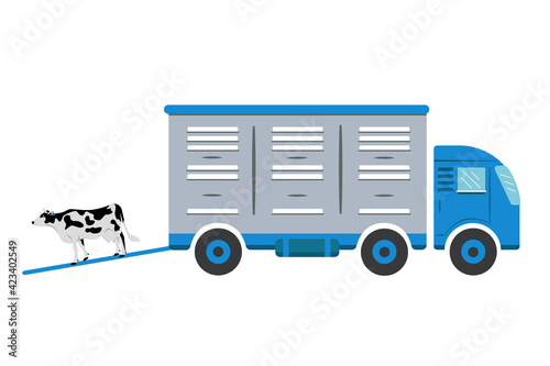 Truck for transporting livestock  with the image of a cow with a tag on the ear.  Colored illustration in blue and gray. Suitable for the design of articles, websites, on the agricultural topic.
