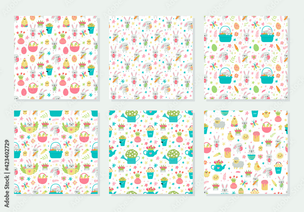 Set of vector seamless pattern for Easter with rabbits and eggs and spring designs. Set of vector seamless pattern for Easter with rabbits and eggs and spring designs.