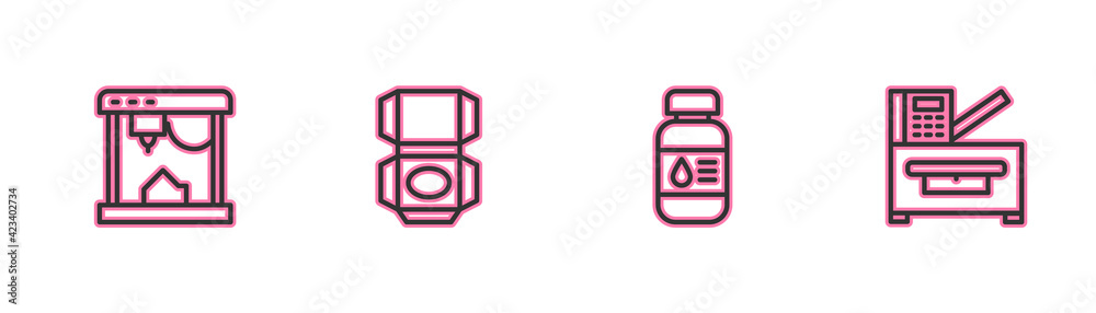 Set line 3D printer, Printer ink bottle, Carton cardboard box and Copy machine icon. Vector Set line 3D printer, Printer ink bottle, Carton cardboard box and Copy machine icon. Vector