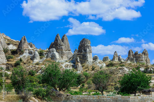 Fantastic View to the Göreme with rock houses in front of the spectacularly coloured valleys nearby, Cappadocia, Turkey