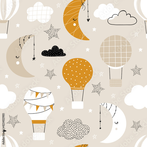 Wallpaper Mural Vector hand-drawn seamless repeating children simple pattern with air balloons, clouds and moons in Scandinavian style on a beige background. Kids pattern with air balloons. Funny transport. Torontodigital.ca