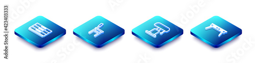Set Isometric line Chest of drawers, Chair, Table lamp and Office desk icon. Vector