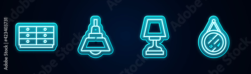 Set line Chest of drawers, Chandelier, Table lamp and Mirror. Glowing neon icon. Vector
