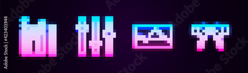 Set line Music equalizer, , wave and Air headphones. Glowing neon icon. Vector
