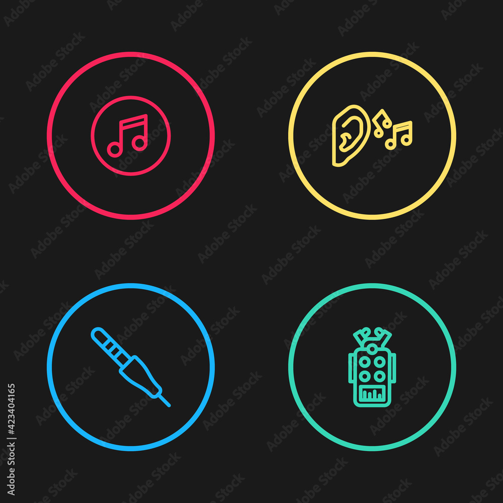 Set line Audio jack, Microphone, Ear listen sound signal and Music note, tone icon. Vector