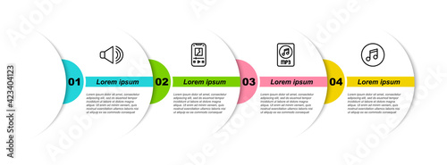 Set line Speaker volume, Music player, MP3 file document and note, tone. Business infographic template. Vector