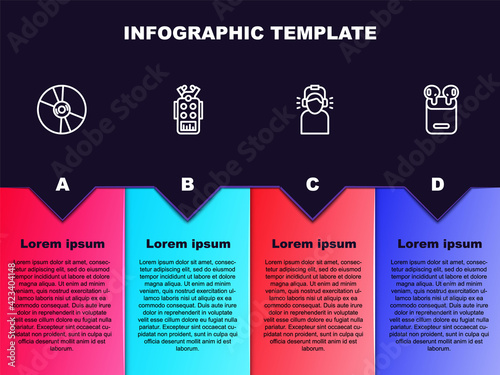 Set line CD or DVD disk, Microphone, Man in headphones and Air box. Business infographic template. Vector photo