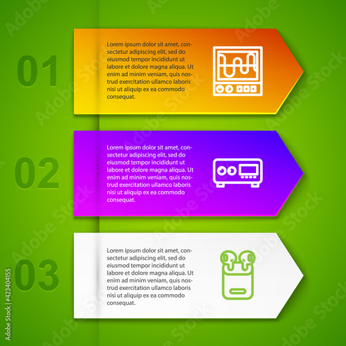 Set line Oscilloscope, Guitar amplifier and Air headphones in box. Business infographic template. Vector