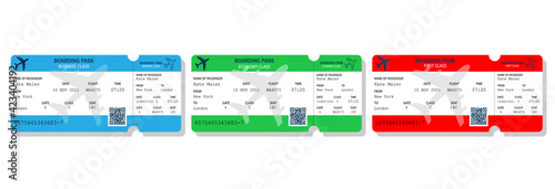 Realistic airline ticket set.Paper boarding pass isolated on white background.Concept of travel, journey or business trip.Ticket design with a passenger name.Economy class,business,first class.