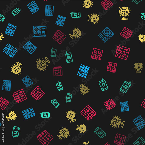 Set line Drum machine, Music player, Disco ball and Sound mixer controller on seamless pattern. Vector