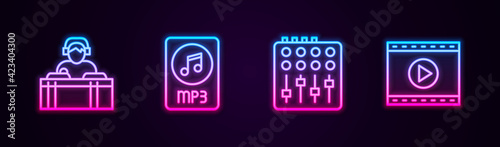 Set line DJ playing music, MP3 file document, Sound mixer controller and Online video. Glowing neon icon. Vector