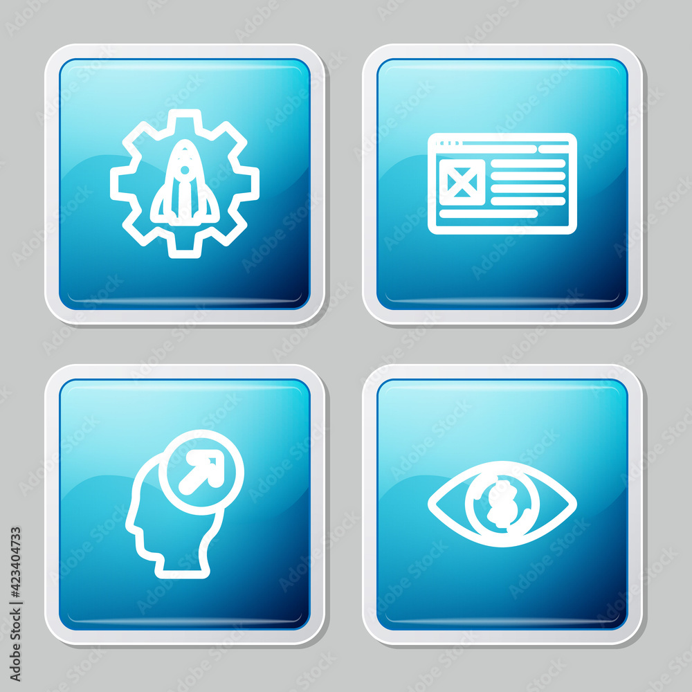 Set line Startup project concept, Browser window, Head hunting and Eye with dollar icon. Vector